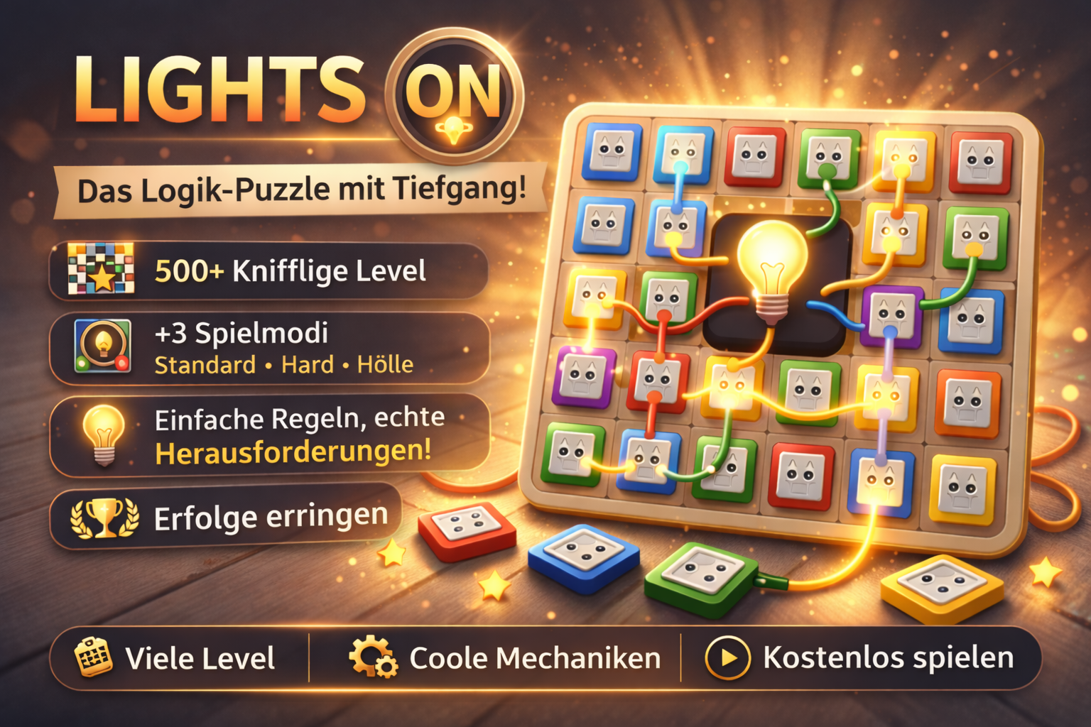 Lights On Promo-Grafik mit Level, Kabeln und Glühbirne