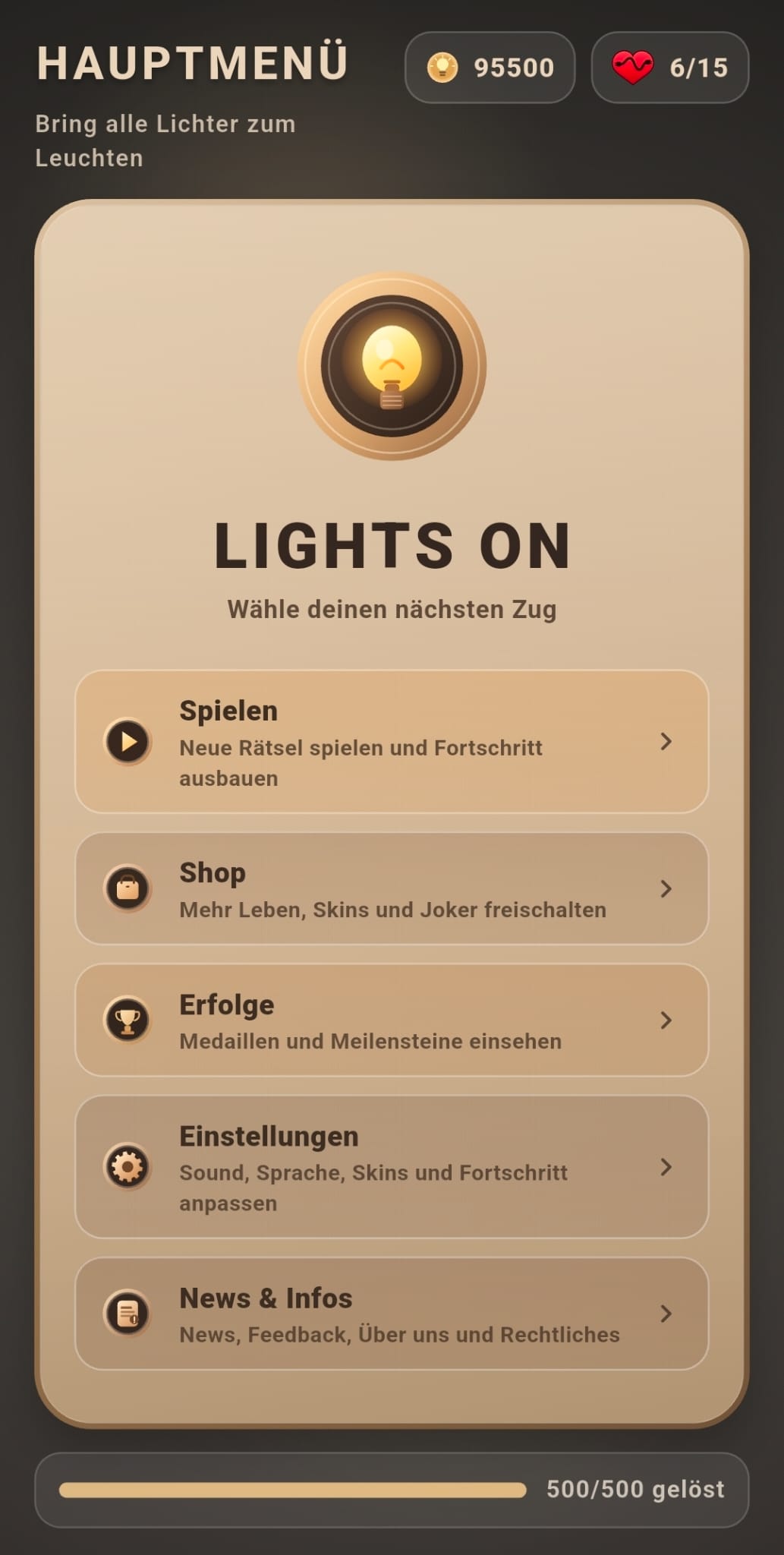 Hauptmenü von Lights On