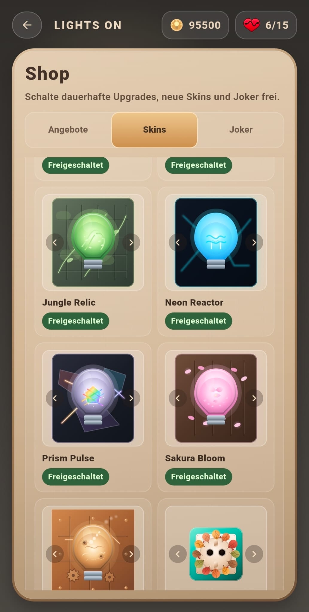 Shop in Lights On mit Skins und Upgrades