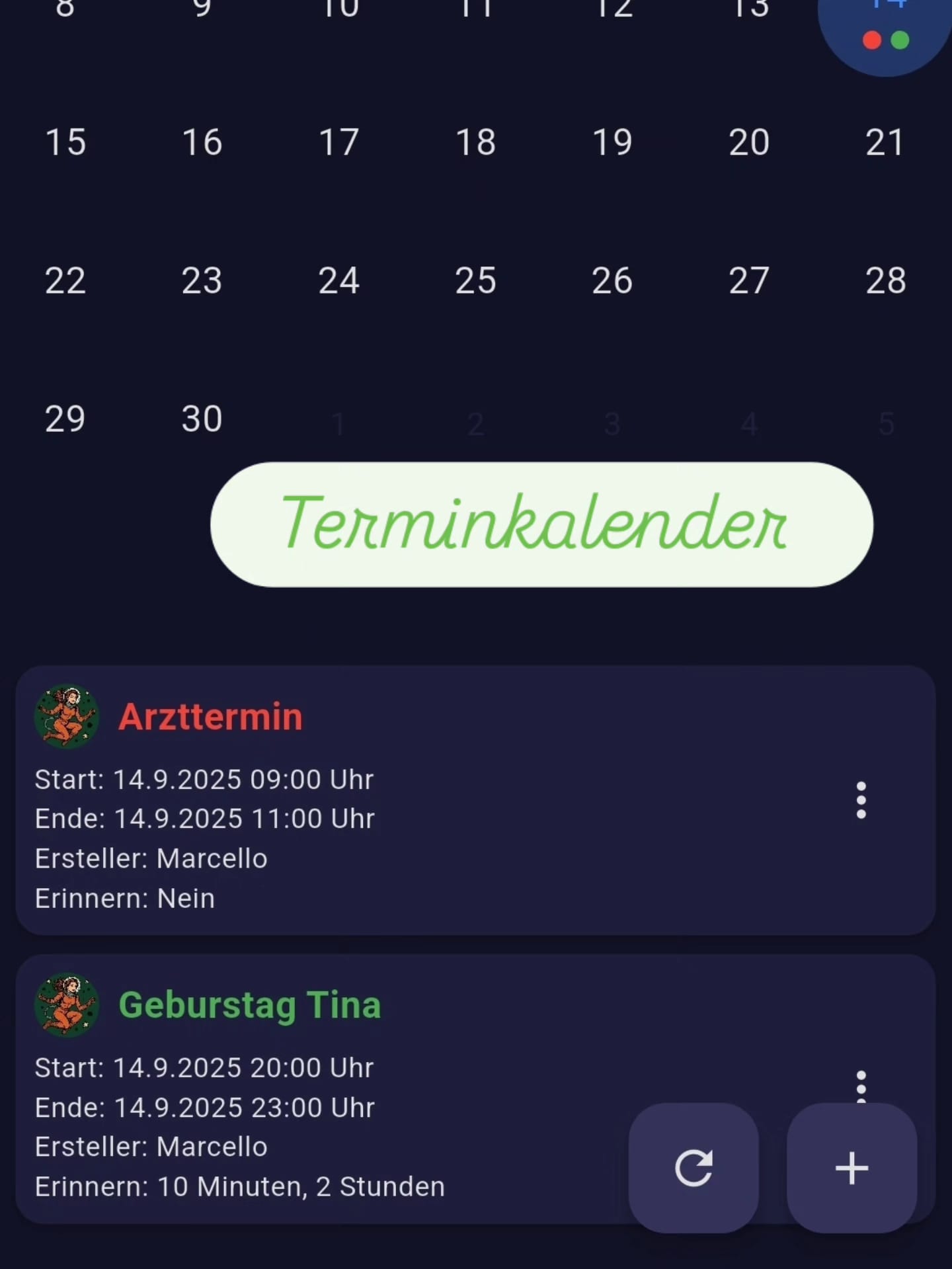 Kalender in Organito für die Abstimmung von Schichten und Terminen