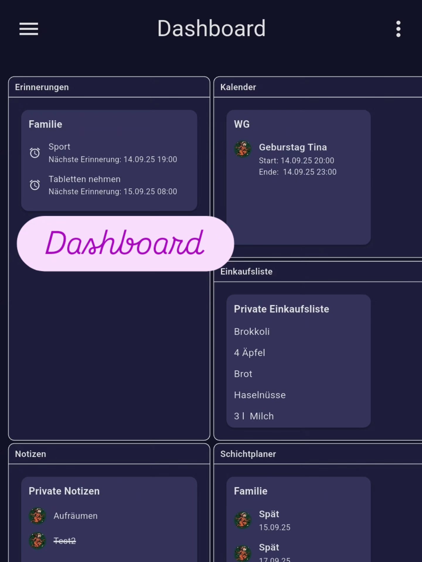 Dashboard von Organito mit mehreren Alltagsmodulen