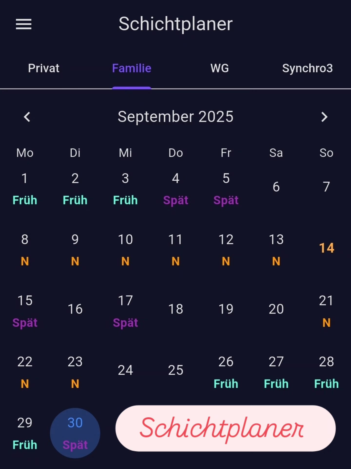 Schichtplaner in Organito mit farbig markierten Diensten