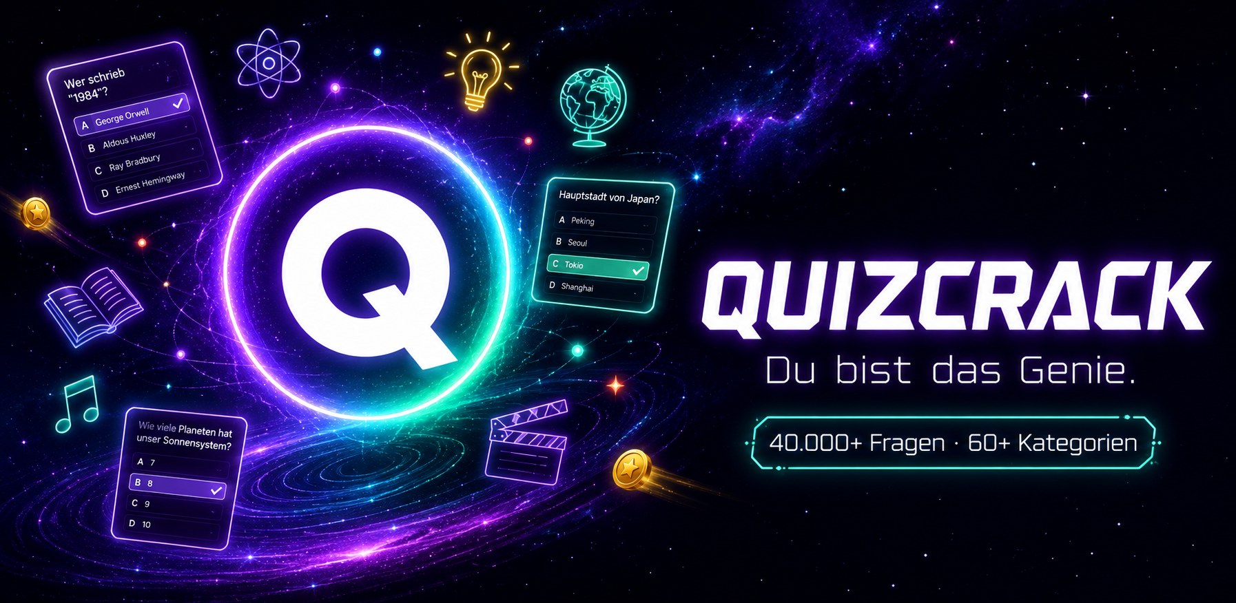 Quizcrack Key Visual: Du bist das Genie. 40.000+ Fragen, 60+ Kategorien