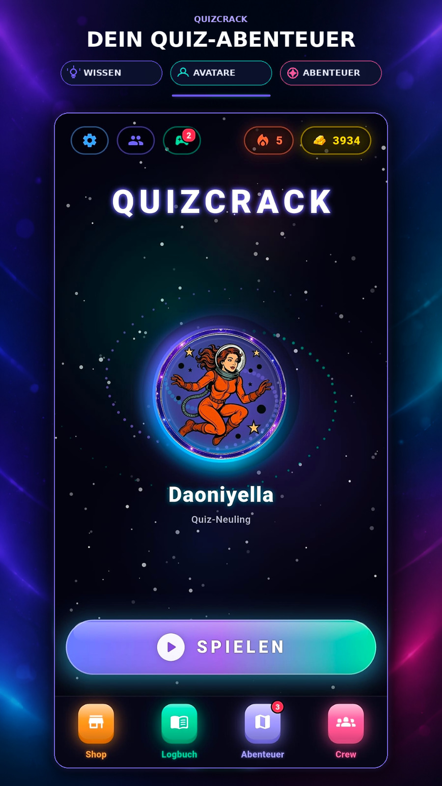 Quizcrack Startbildschirm mit Avatar, Gold-Anzeige und Spielen-Button