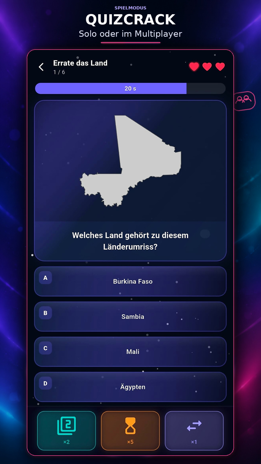 Quizcrack Spielmodus mit Leben, Timer und Boostern