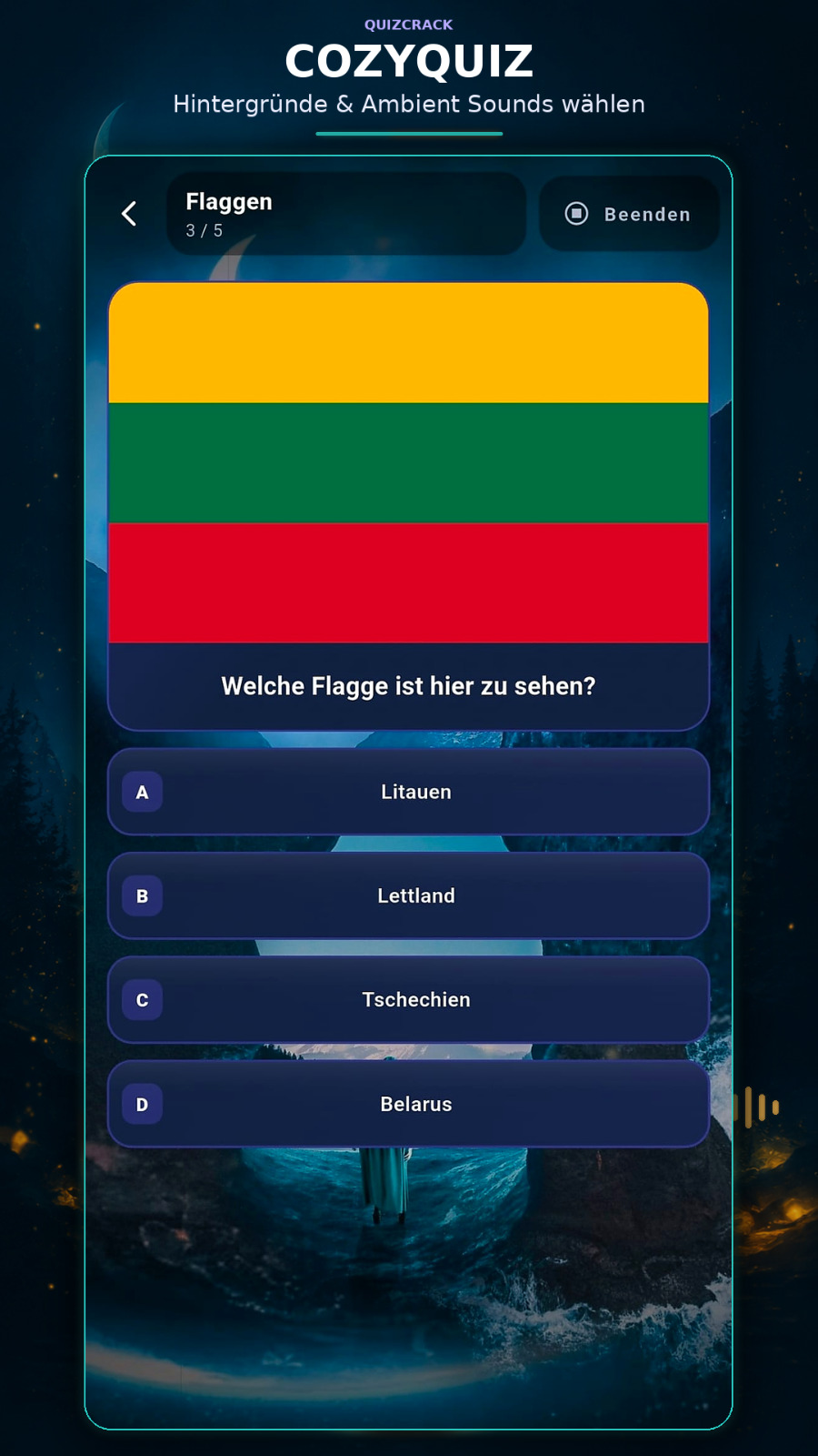 Cozyquiz mit entspanntem Hintergrund ohne Zeitdruck