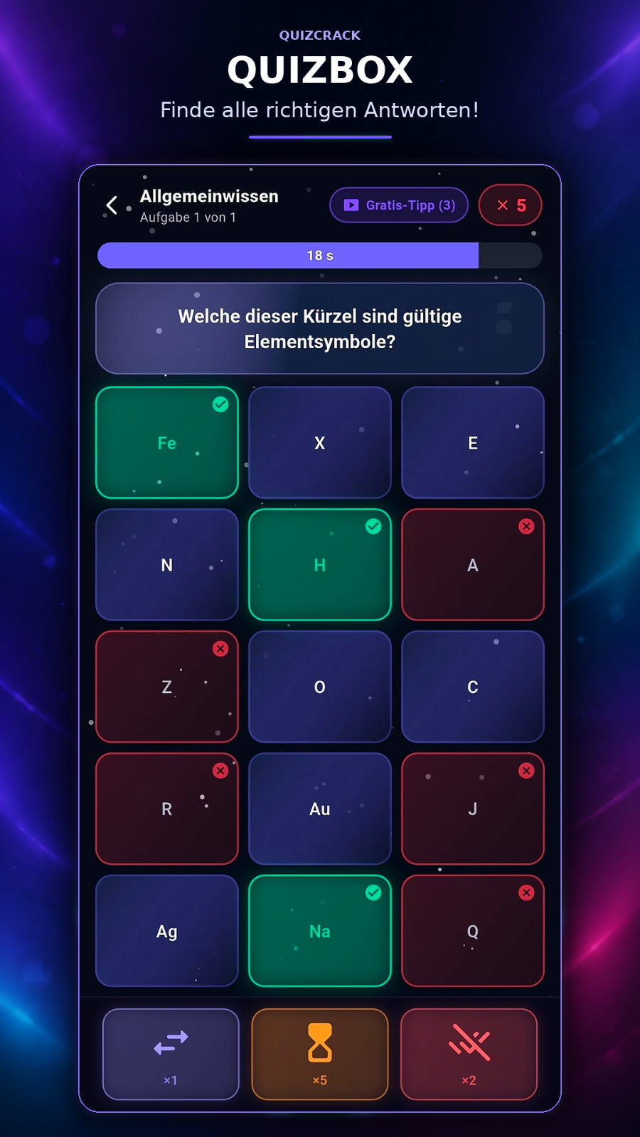 Quizbox mit einem Raster aus Antwortkacheln
